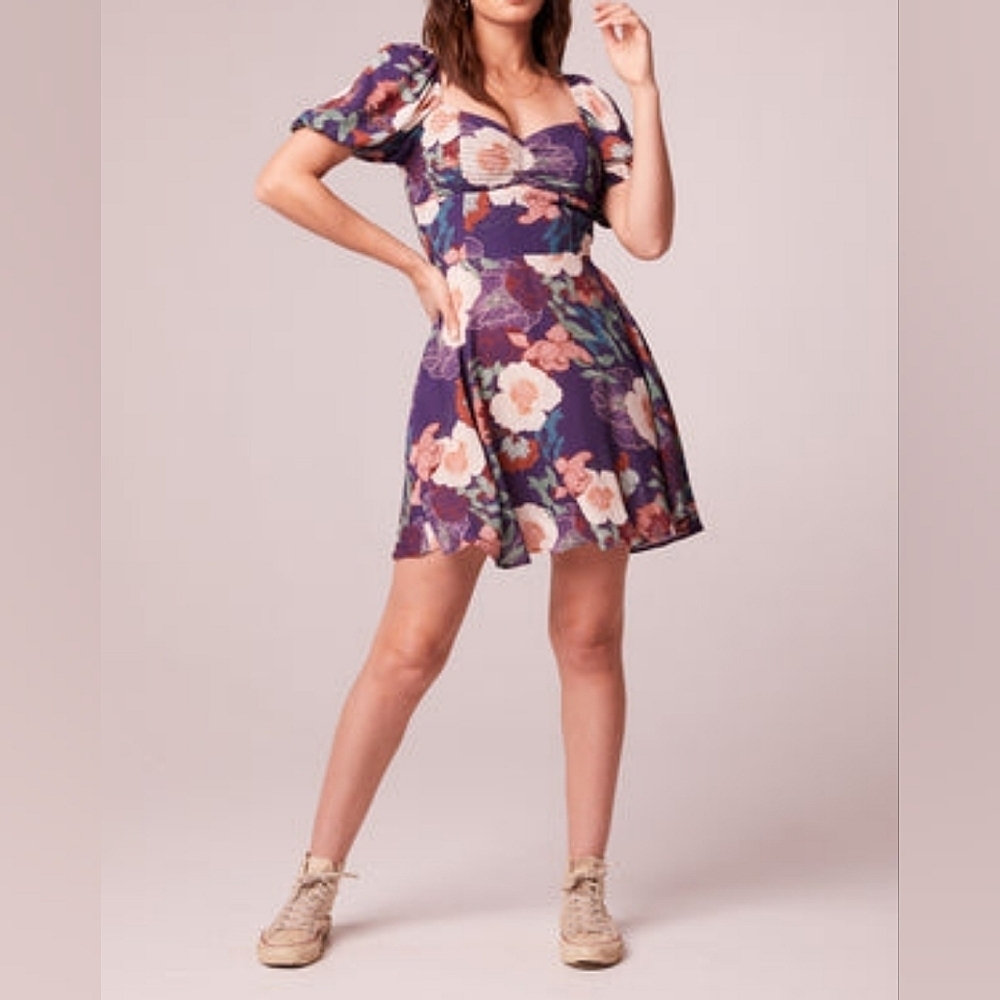 BAND OF THE FREE Aimee Purple Floral Puff Sleeve Mini Dress, Size Medium. NWT - Picture 5 of 7